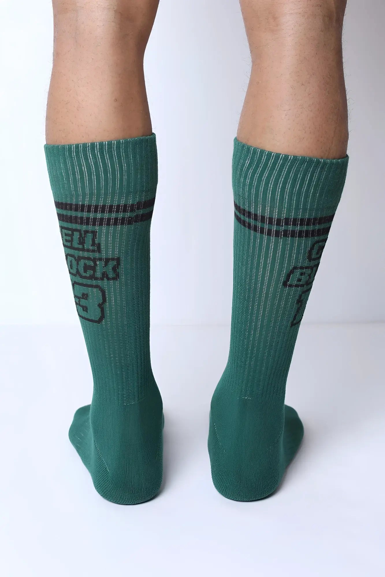 Starter crew socks green ribbed cotton with dark gray stripes and bold cell rock 3 graphic on the side