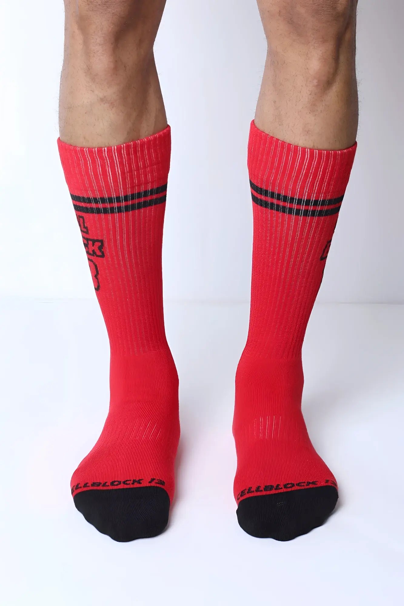 Starter crew socks in red with black toe caps and stripes featuring shellblock 13 logo for athletic use