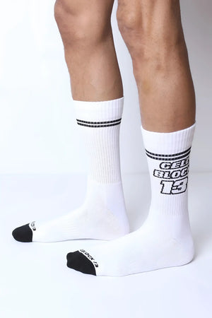 Starter crew socks white athletic socks with black toe caps two stripes and bold cell block 13 graphic