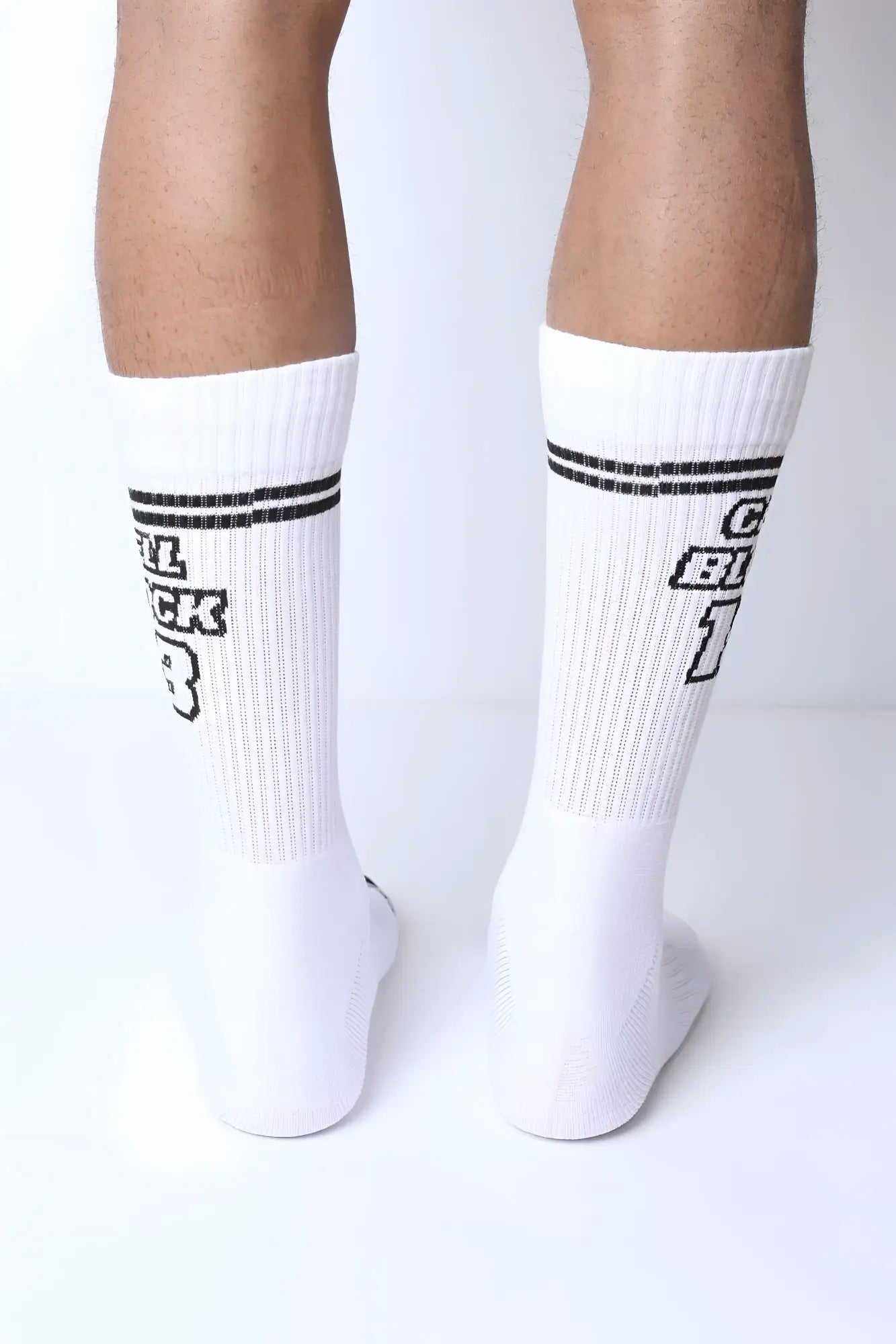 Starter crew socks white with black horizontal stripes and bold c black 3 lettering in a sporty collegiate style