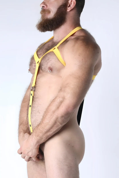 Yellow leather starter elastic body harness with adjustable straps and metal hardware for secure fit