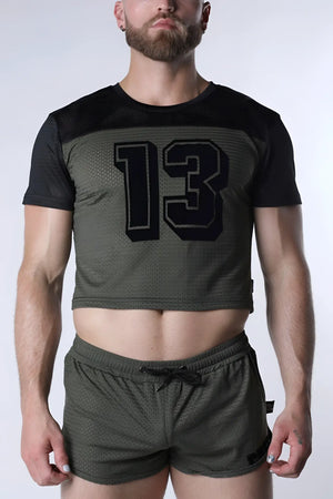 Starter mesh crop top featuring an olive green mesh body, black short sleeves, and a bold 13 graphic on the chest