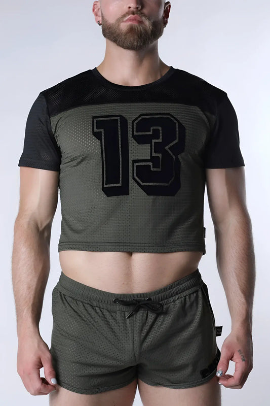Starter mesh crop top featuring an olive green mesh body, black short sleeves, and a bold 13 graphic on the chest