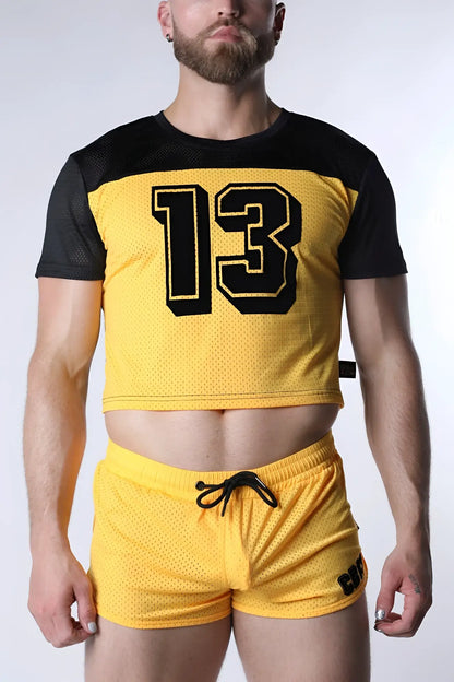 Starter mesh crop top in yellow with black sleeves featuring bold black number 13 outlined in yellow on front