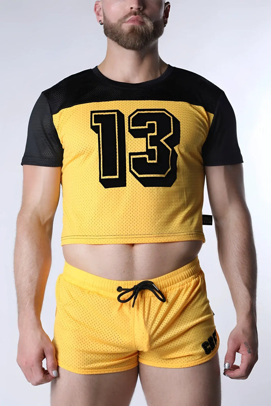 Starter mesh crop top in yellow with black sleeves featuring bold black number 13 outlined in yellow on front