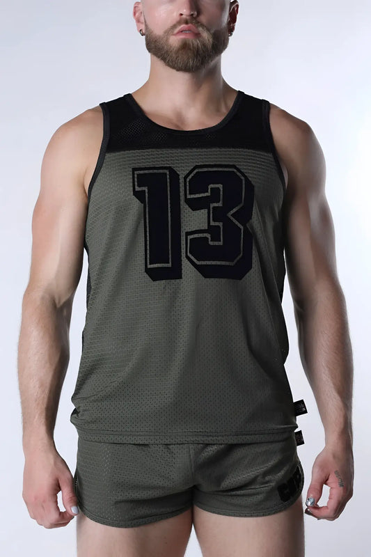 Olive green starter mesh tank top with black number 13 and matching shorts in breathable athletic fabric