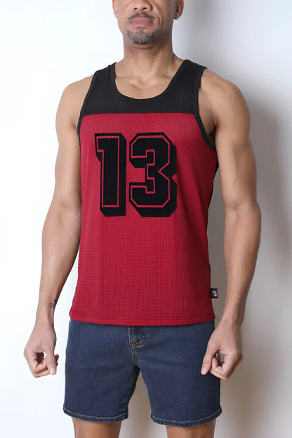 Starter mesh tank top in red and black textured mesh fabric featuring bold black number 13 in sports jersey style