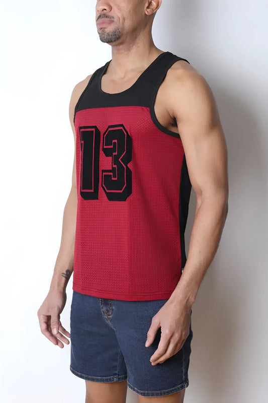 Starter mesh tank top in red and black textured knit fabric featuring bold 13 numerals across the chest