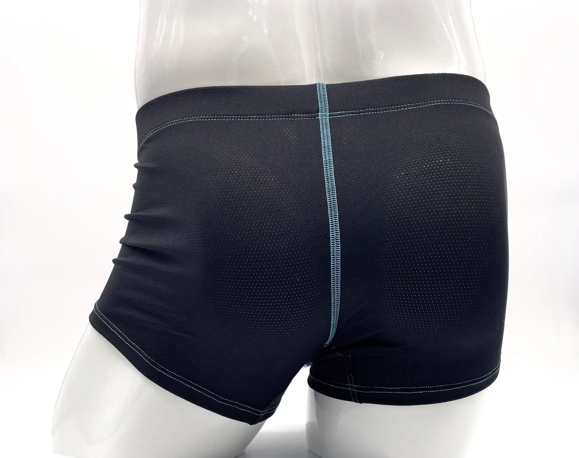 Black stitch big boy pouch boxer brief with mesh back panel and light blue stitching along center seam