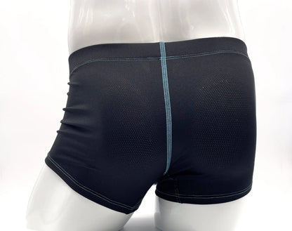 Black stitch big boy pouch boxer brief with mesh back panel and light blue stitching along center seam