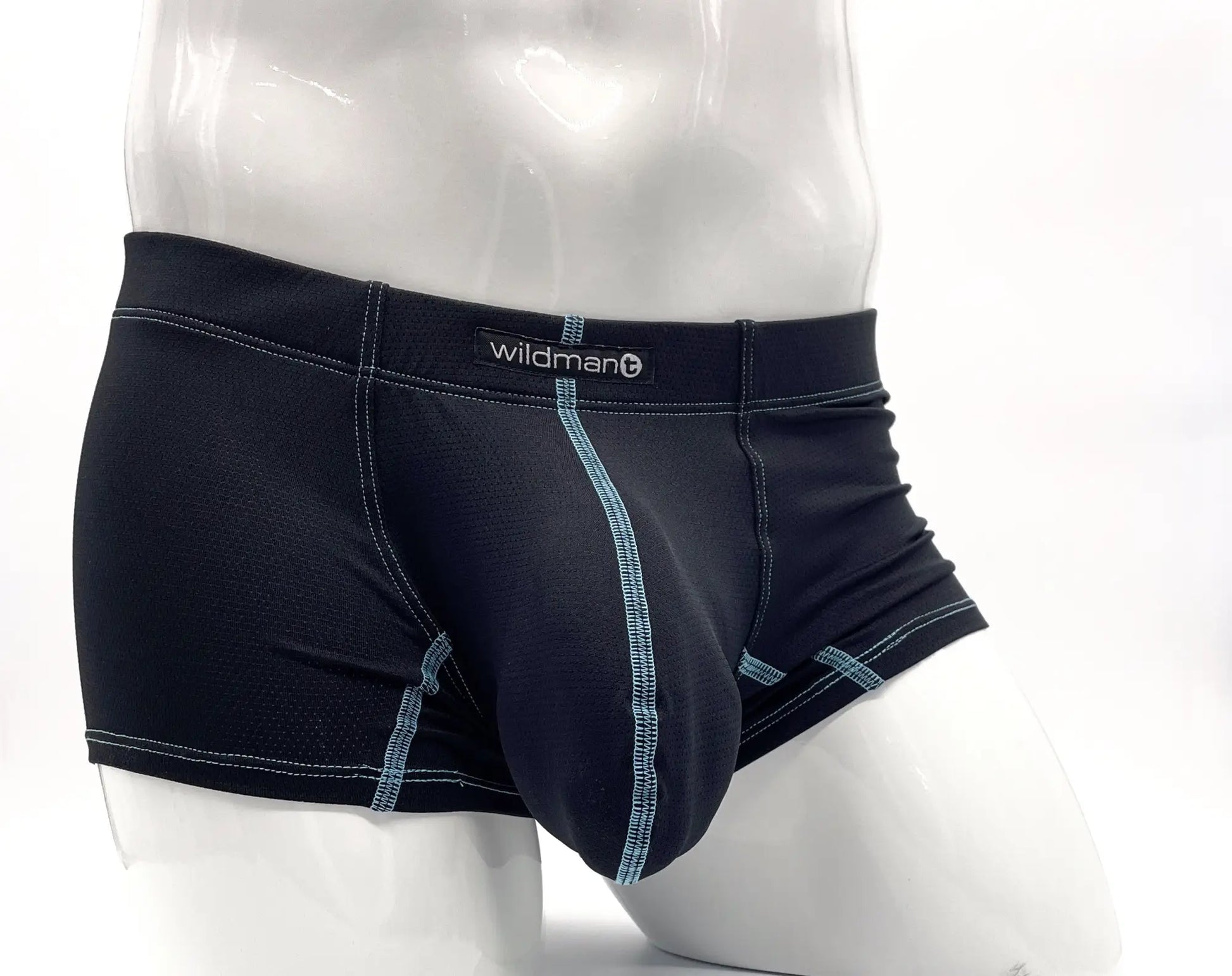 Black men’s Stitch big boy pouch boxer briefs in blue with light blue stitching and Wildman brand waistband label