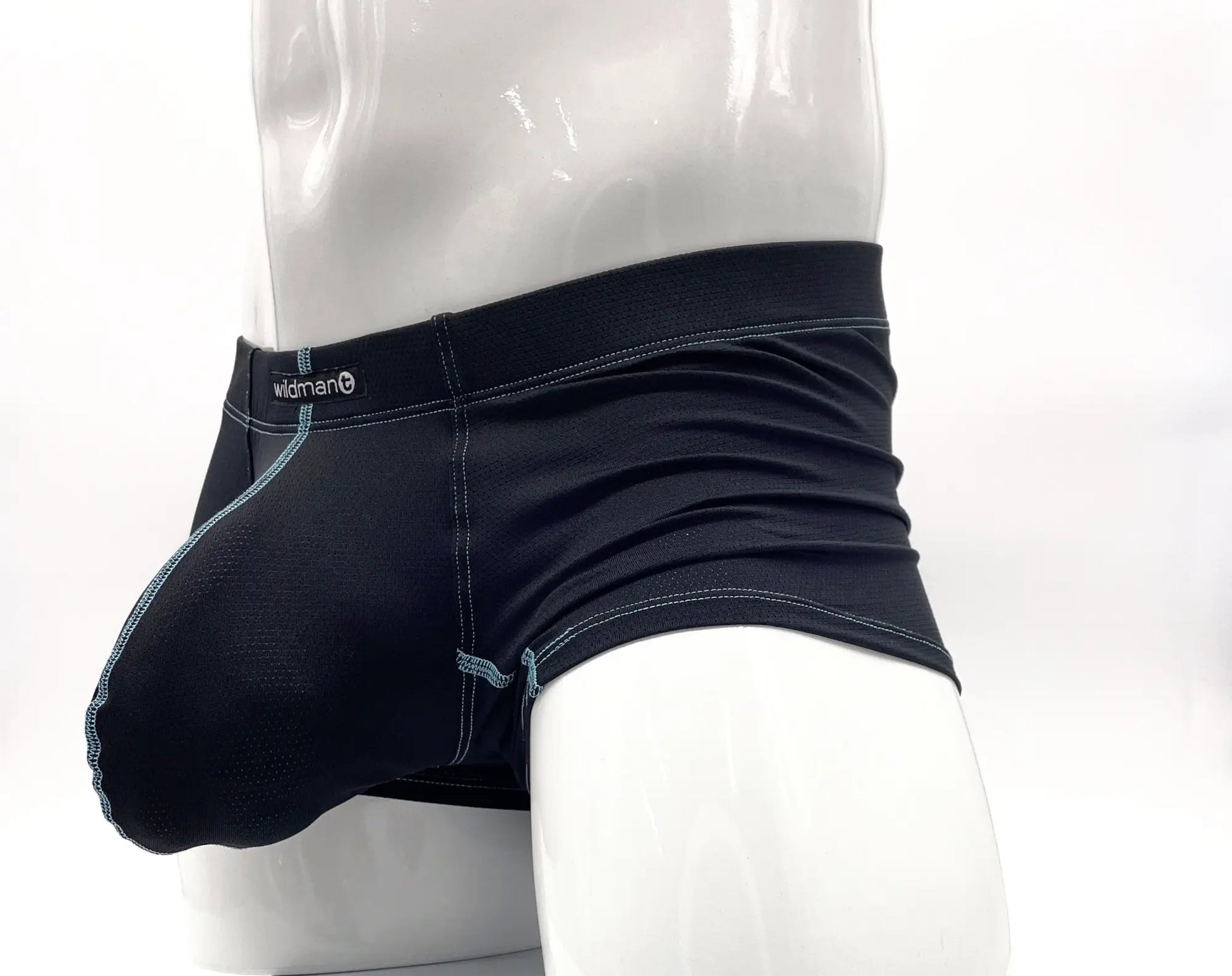 Black mens Stitch Big Boy Pouch boxer brief blue with light blue stitching and Wildman brand label on waistband
