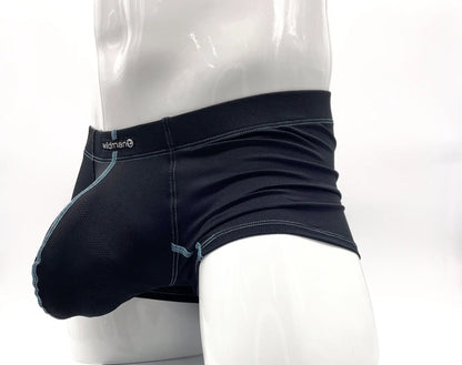 Black mens Stitch Big Boy Pouch boxer brief blue with light blue stitching and Wildman brand label on waistband
