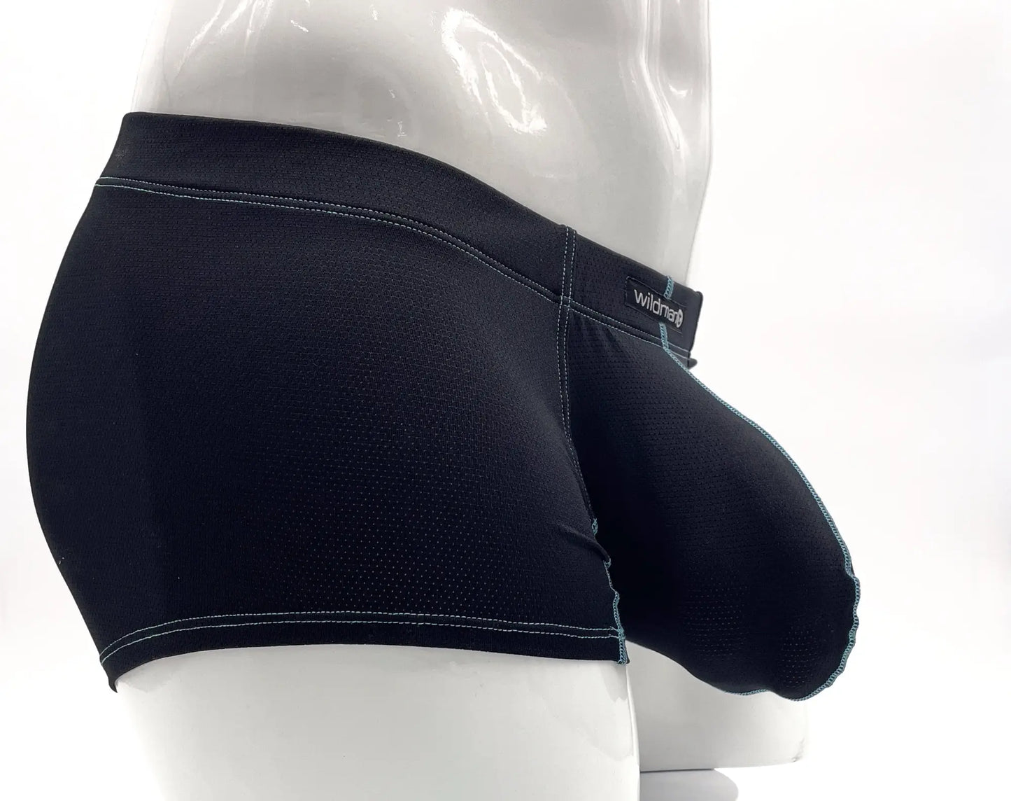 Black mesh Stitch big boy pouch boxer brief blue with teal stitching and wicked brand label in front view