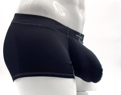 Black mesh Stitch big boy pouch boxer brief blue with teal stitching and wicked brand label in front view