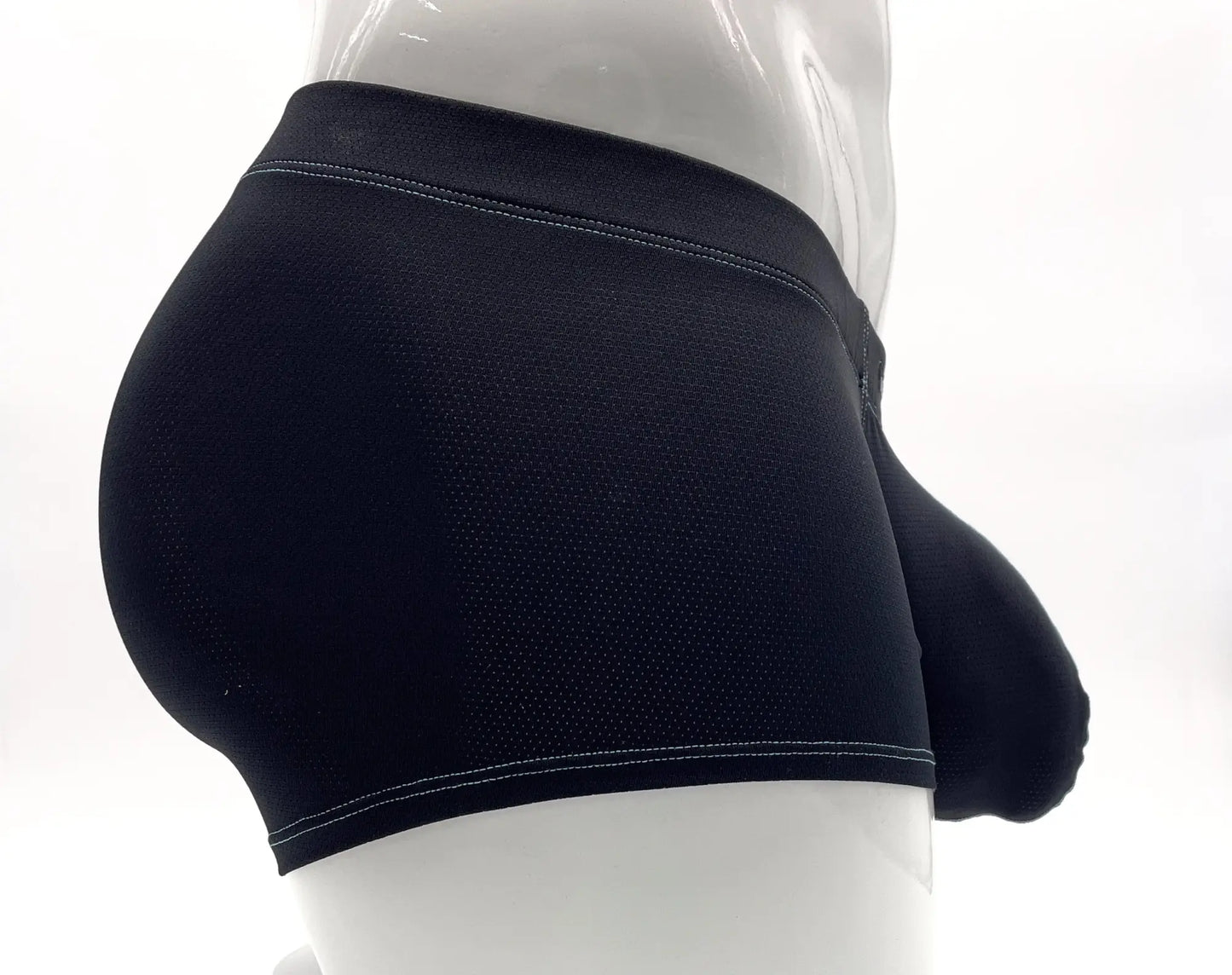 Black mesh stitch big boy pouch boxer brief with white stitching along waistband and leg openings
