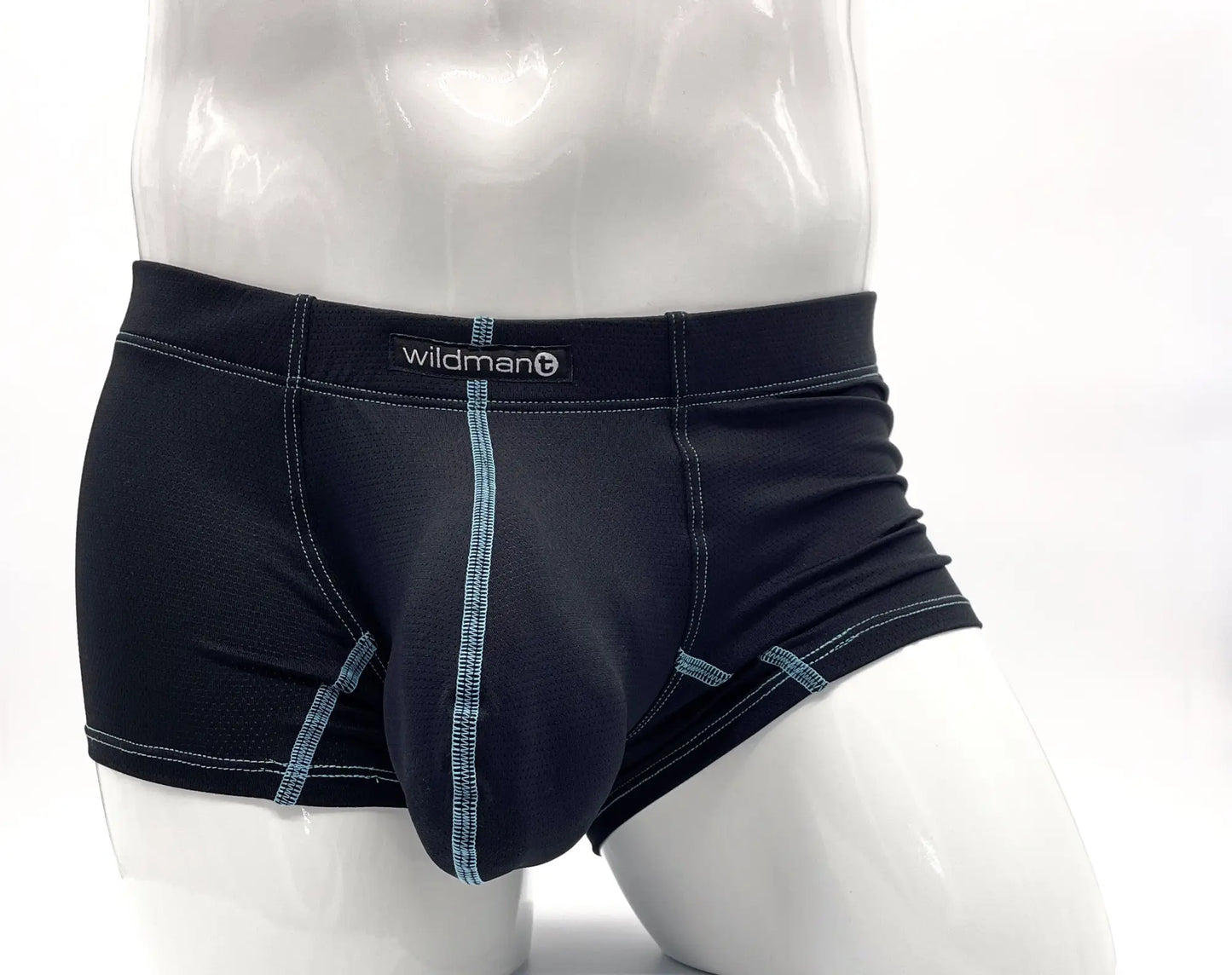 Black wildman stitch big boy pouch boxer briefs in black with light blue stitching along seams and waistband