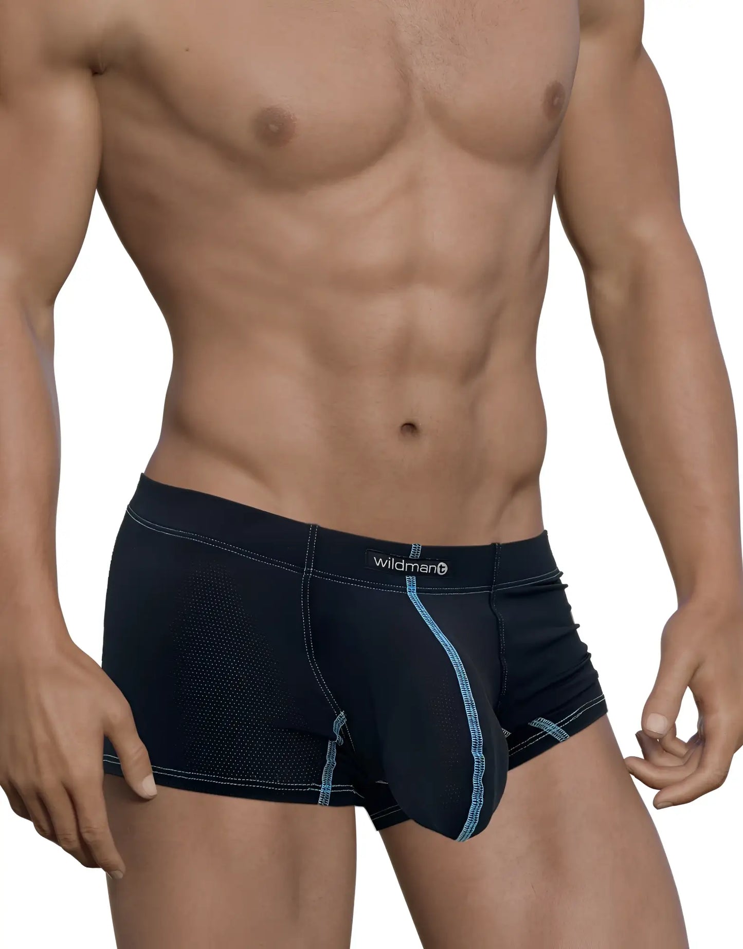 Black wildman stitch big boy pouch boxer brief in blue with light blue stitching and breathable mesh panel