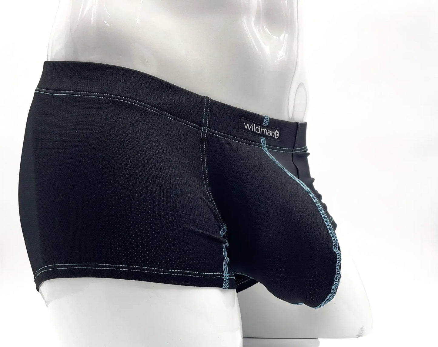 Black wildman men’s briefs with subtle teal stitching along seams and waistband in stitch big boy pouch boxer brief blue