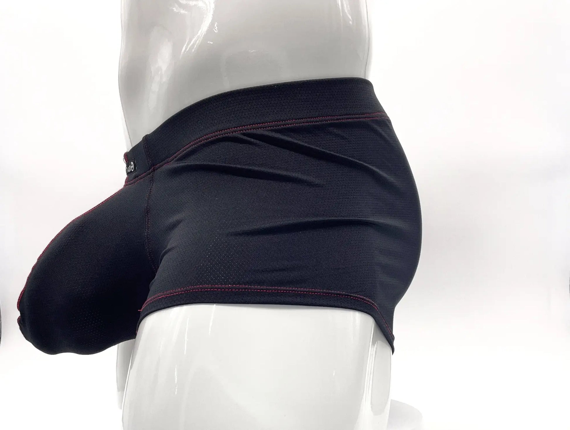 Black stitch big boy pouch boxer brief with subtle textured fabric and dark red waistband stitching