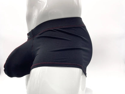 Black stitch big boy pouch boxer brief with subtle textured fabric and dark red waistband stitching