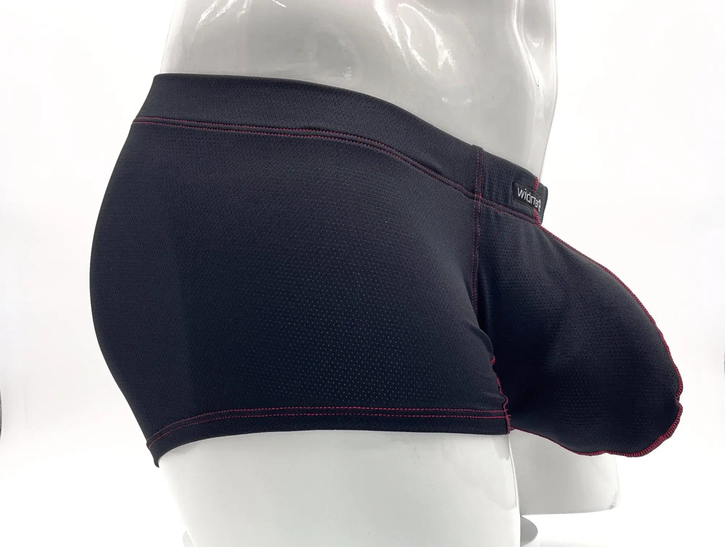Black mens stitch big boy pouch boxer brief in red textured mesh fabric with contrasting red stitching and wicked brand label