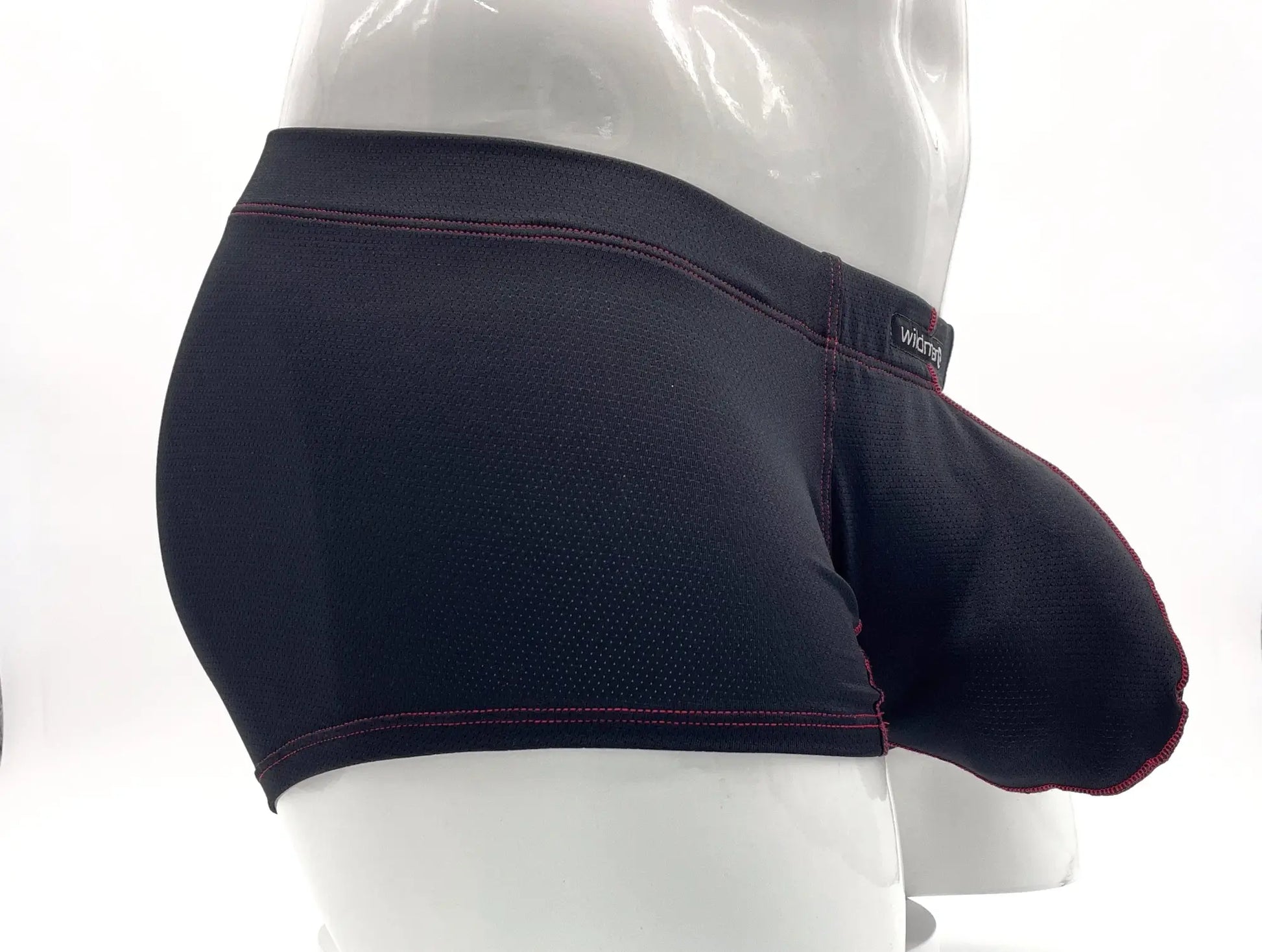 Black mens stitch big boy pouch boxer brief in red textured mesh fabric with contrasting red stitching and wicked brand label