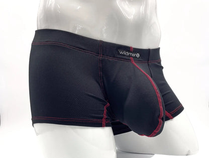 Black men’s Stitch Big Boy pouch boxer brief in red with contrast red stitching and wildman brand label waistband