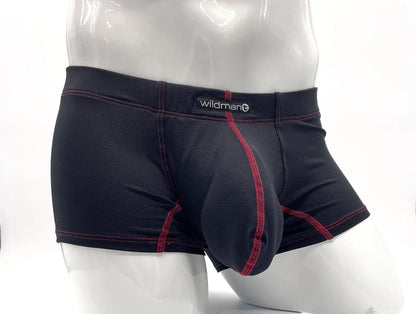 Black men’s Stitch big boy pouch boxer brief in black with red stitching and wildman brand label visible