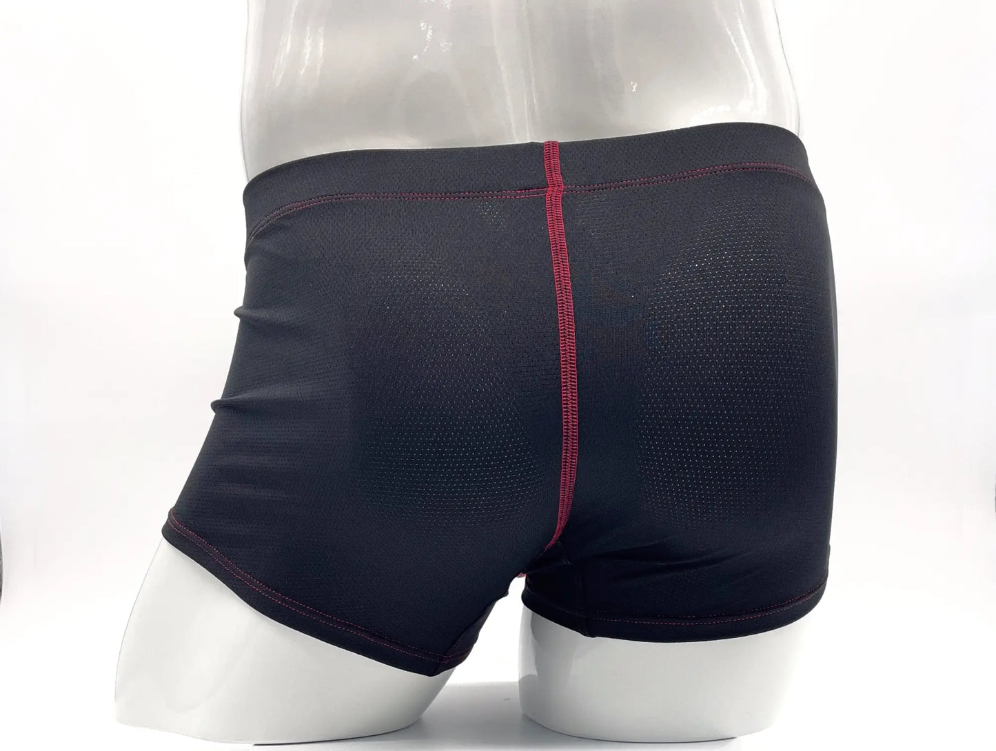 Black mesh stitch big boy pouch boxer brief with red stitching along center seam and waistband