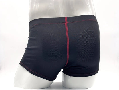 Black mesh stitch big boy pouch boxer brief with red stitching along center seam and waistband