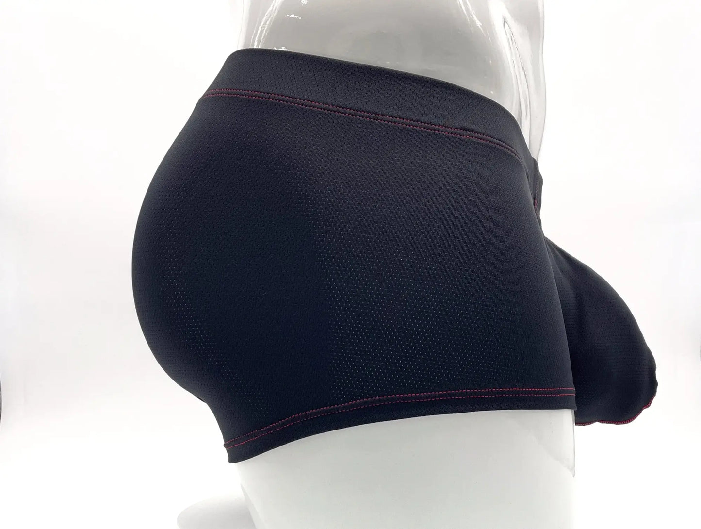 Black mesh stitch big boy pouch boxer brief with subtle red stitching on waistband and leg openings front view