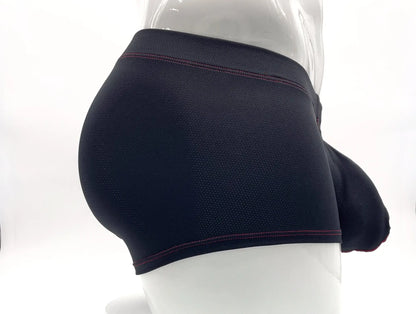 Black mesh stitch big boy pouch boxer brief with subtle red stitching on waistband and leg openings front view