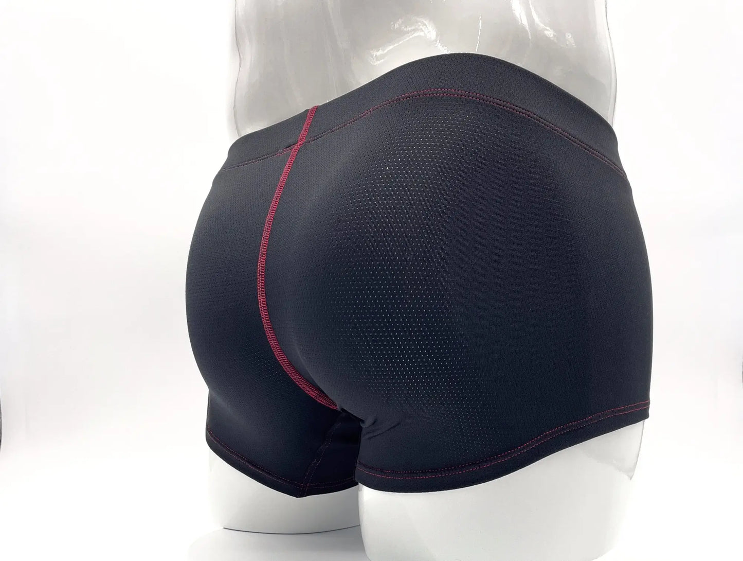 Black mesh stitch big boy pouch boxer brief with red stitching on waistband and leg openings