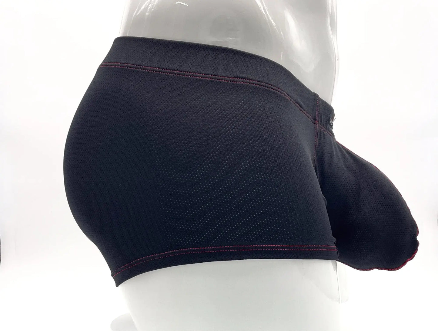 Black mesh stitch big boy pouch boxer brief with red stitching on waistband and leg openings