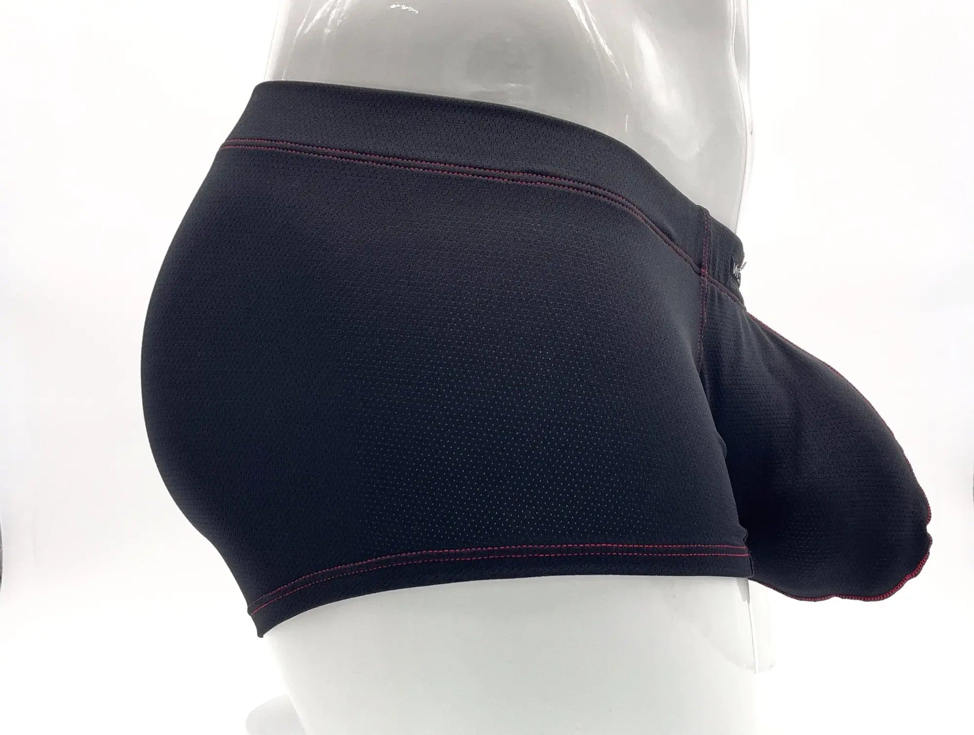 Black mesh stitch big boy pouch boxer brief with red stitching on waistband and leg openings