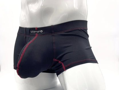 Black wildman stitch big boy pouch boxer brief in red with contrast red stitching along seams and waistband