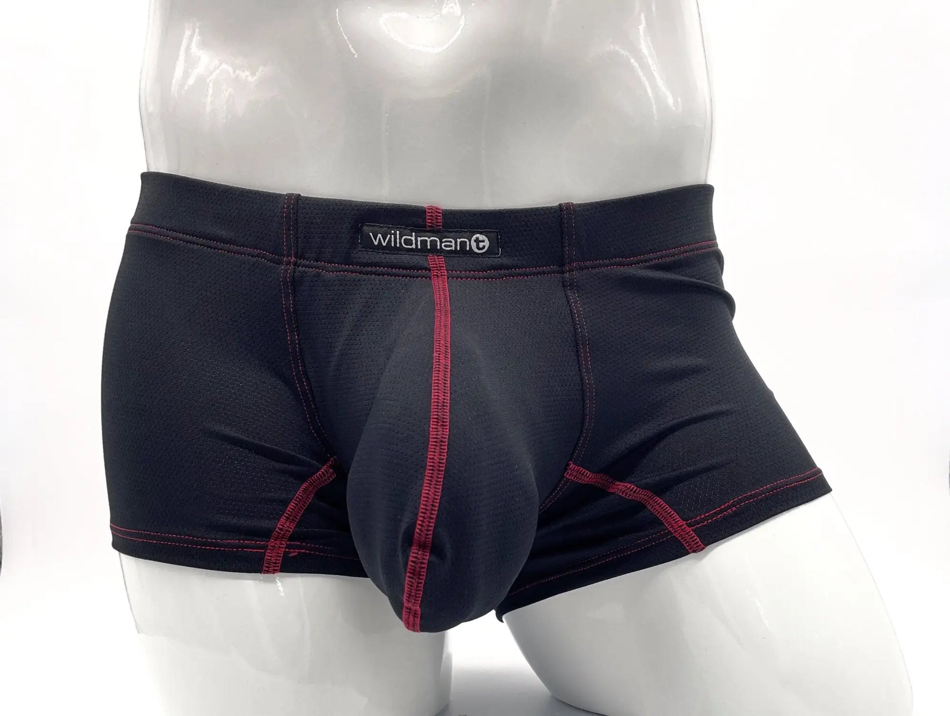 Stitch big boy pouch boxer brief red by black wildman features black fabric with red stitching along seams and waistband