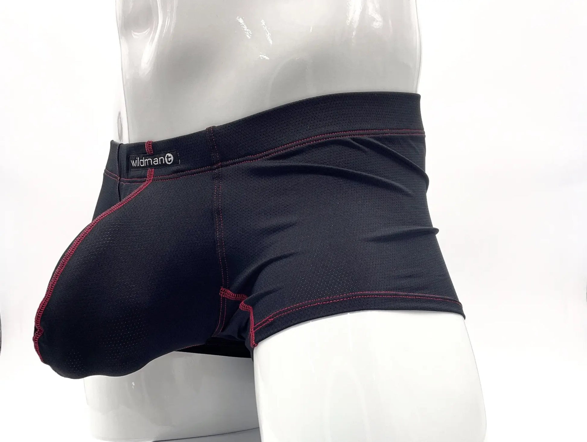 Black wildman stitch big boy pouch boxer briefs in black with red stitching along seams and waistband