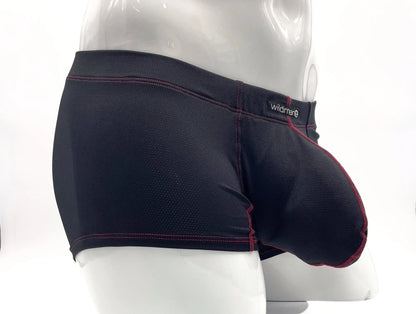 Black wildman stitch big boy pouch boxer brief in red with supportive contoured design and red stitching detail