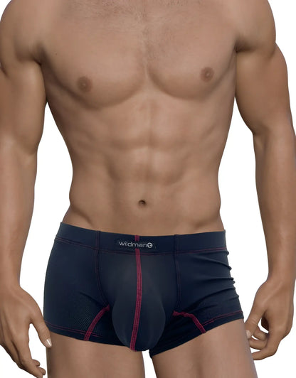 Stitch big boy pouch boxer brief red in dark navy blue with red stitching mesh panel and wildman logo waistband