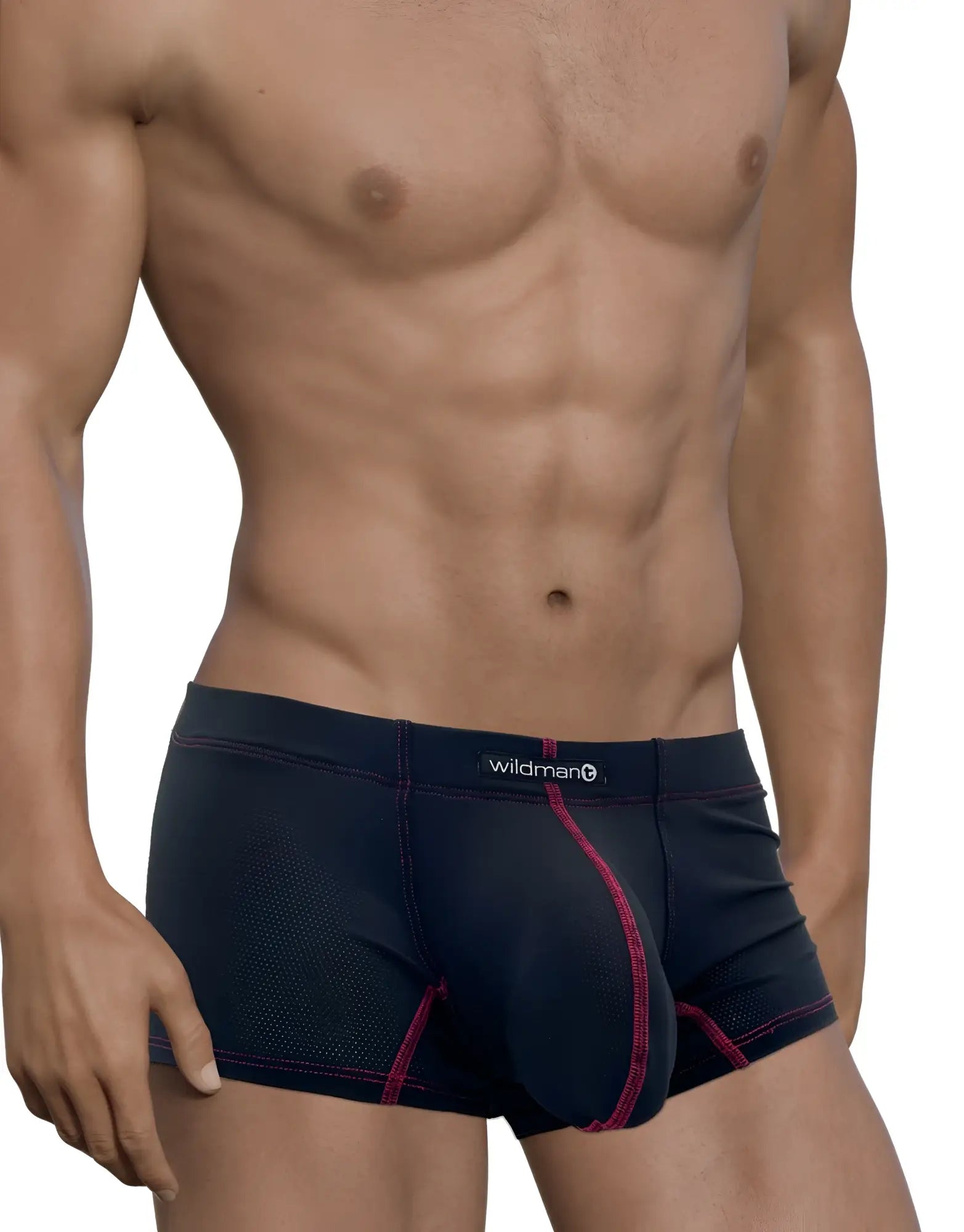 Stitch Big Boy Pouch Boxer Brief red in dark navy with pink stitching mesh texture and wildman logo waistband
