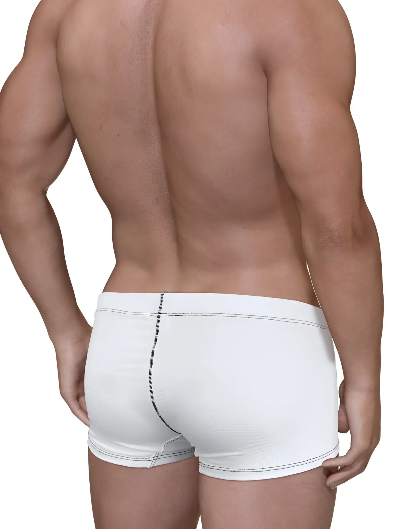 White boxer briefs with subtle black stitching along the center seam in the Stitch Big Boy Pouch Boxer Brief style