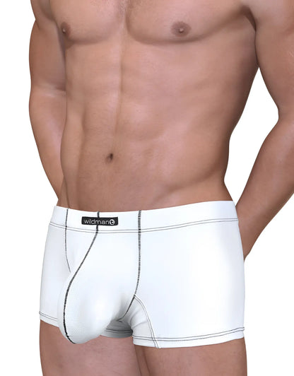 White wildman stitch big boy pouch boxer brief with black stitching and subtle textured pattern in white fabric