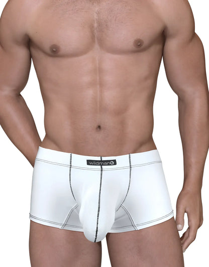 White wildman stitch big boy pouch boxer brief in white with black stitching and central seam for men