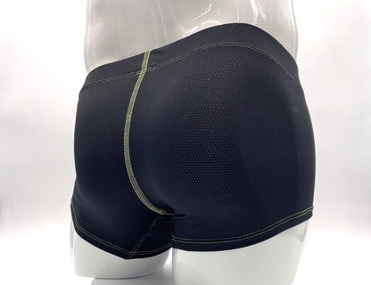 Black stitch big boy pouch boxer brief with mesh panel and yellow stitching along the side seam