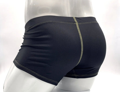 Back side of black stitch big boy pouch boxer brief with mesh texture and light green stitching along the seam