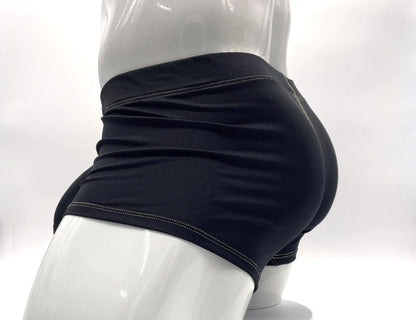 Stitched big boy pouch boxer brief in yellow with black athletic shorts featuring white stitching on waistband and hem