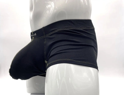Yellow stitch big boy pouch boxer brief with snug fit and contrasting white stitching along the seams