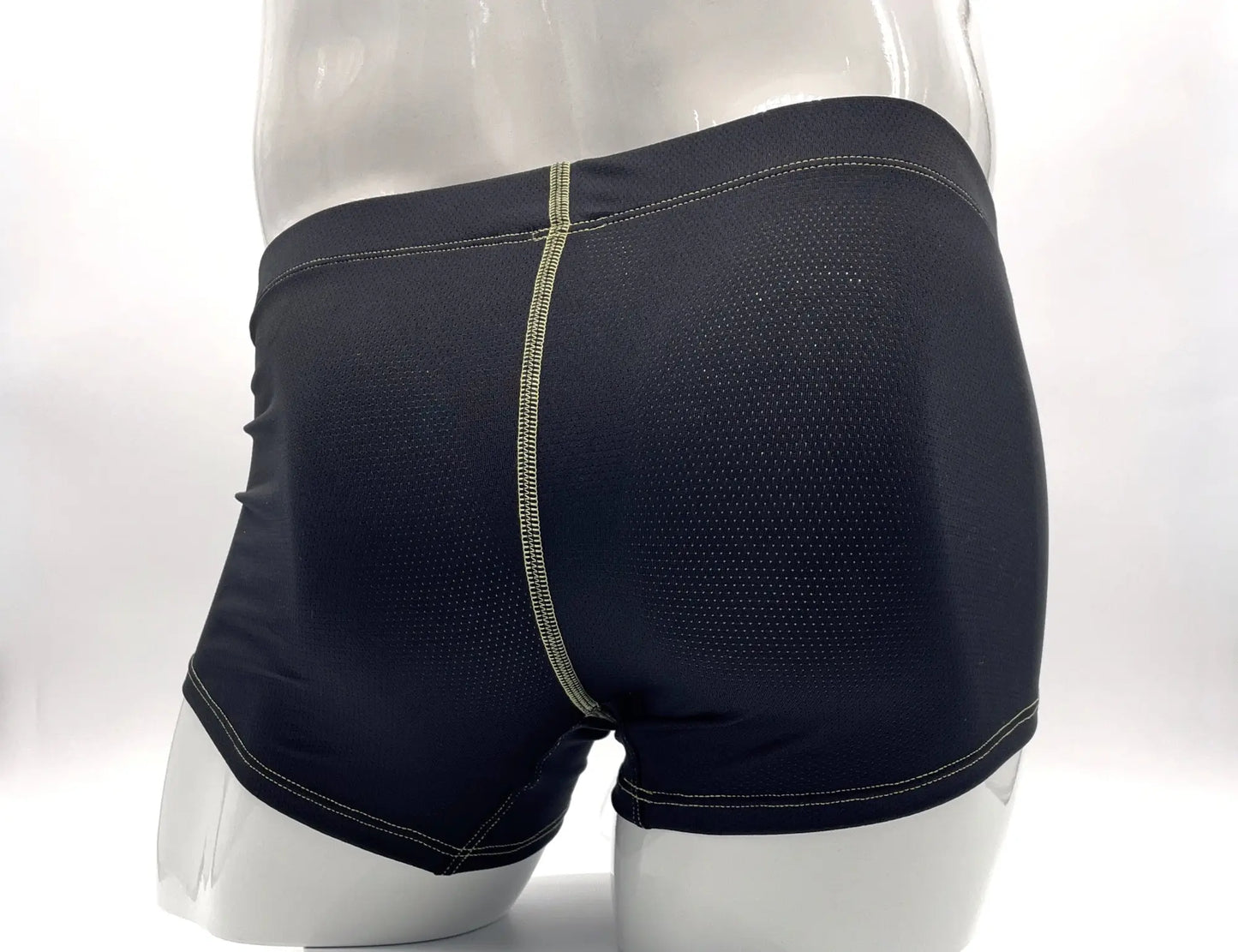 Stitch big boy pouch boxer brief in black mesh with subtle green stitching along the center seam